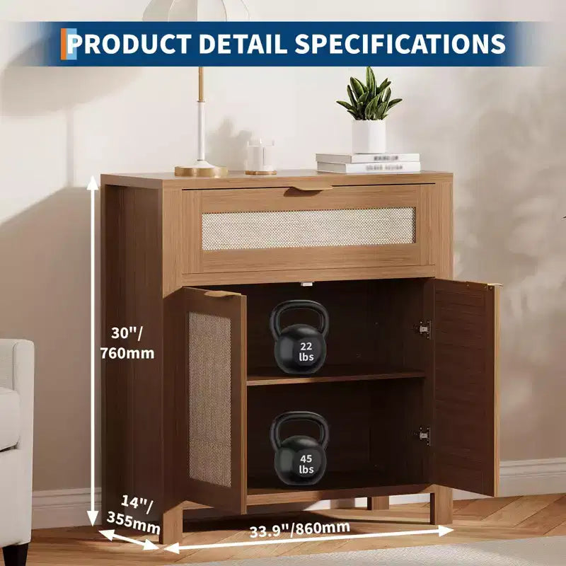 Rattan Entryway Sideboard  Adjustable Shelves & Drawer Buffet Cabinet for Kitchen/Dining/Living Room (Sturdy Wood Construction)