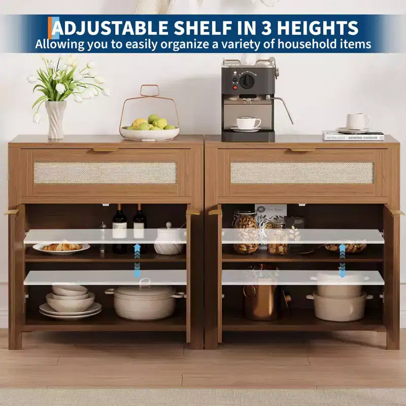 Madia in Rattan per Ingresso Mobile Buffet con Ripiani Regolabili e Cassetto per Cucina/Sala da Pranzo/Soggiorno (Robusta Struttura in Legno)