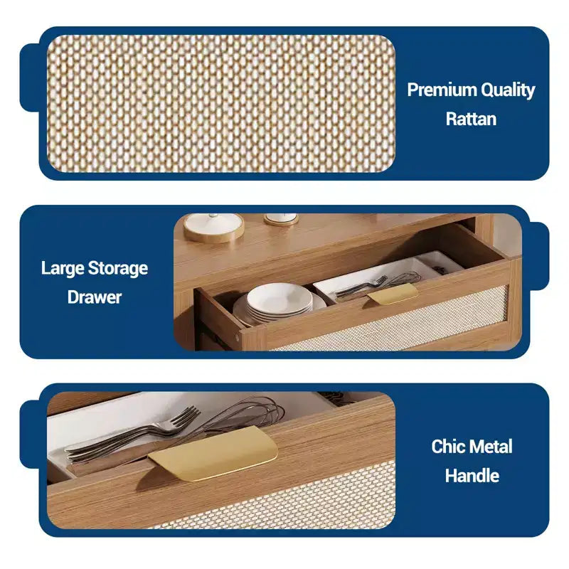Rattan Entryway Sideboard  Adjustable Shelves & Drawer Buffet Cabinet for Kitchen/Dining/Living Room (Sturdy Wood Construction)