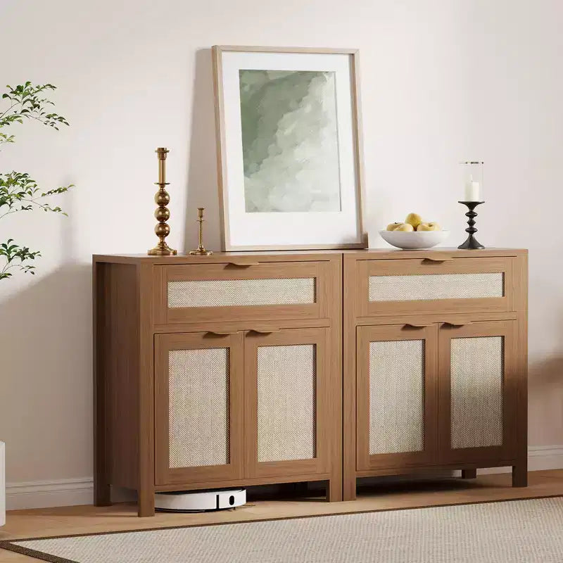 Madia in Rattan per Ingresso Mobile Buffet con Ripiani Regolabili e Cassetto per Cucina/Sala da Pranzo/Soggiorno (Robusta Struttura in Legno)