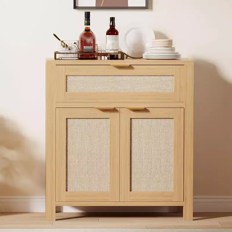 Rattan Entryway Sideboard  Adjustable Shelves & Drawer Buffet Cabinet for Kitchen/Dining/Living Room (Sturdy Wood Construction)