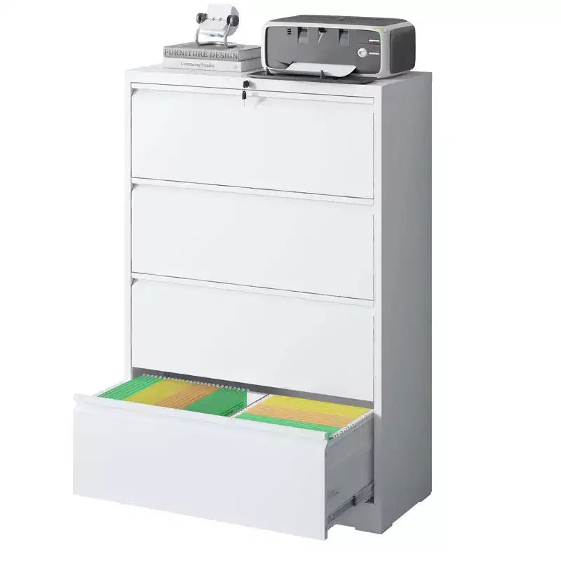 Cassettiera Portadocumenti in Acciaio Laterale Bianca da 52" con Serratura, 4 Cassetti, Capacità 200 kg, Adatta per Formati Legale/Lettera/A4/F4