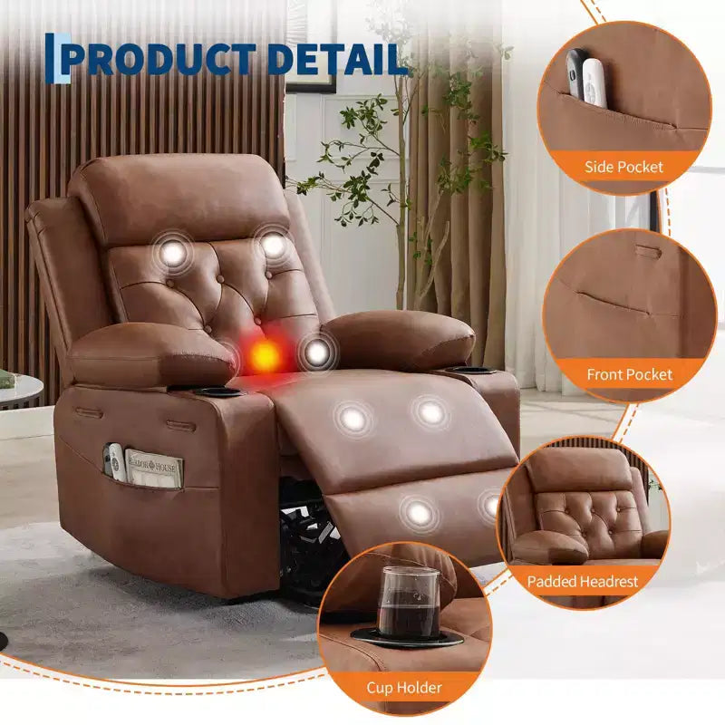 Poltrona Reclinabile Elettrica Extra Large da 42" con Massaggio, Riscaldamento, Doppi Portabicchieri e Tasche Laterali, in Pelle PU