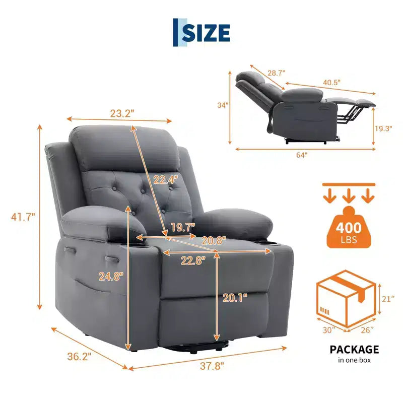 Poltrona Reclinabile Elettrica Extra Large da 42" con Massaggio, Riscaldamento, Doppi Portabicchieri e Tasche Laterali, in Pelle PU