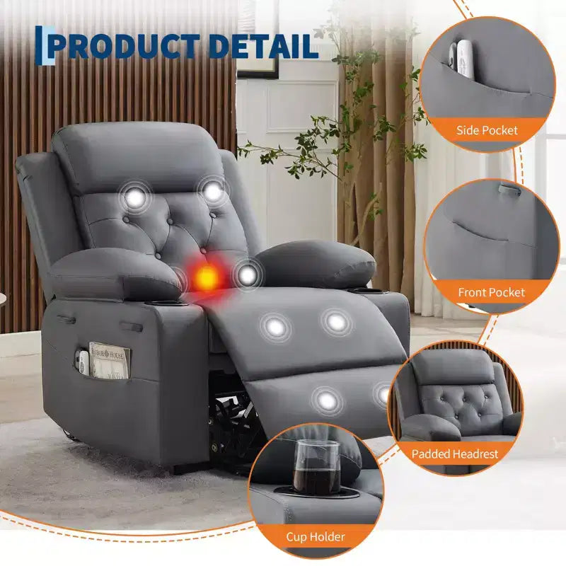 Poltrona Reclinabile Elettrica Extra Large da 42" con Massaggio, Riscaldamento, Doppi Portabicchieri e Tasche Laterali, in Pelle PU