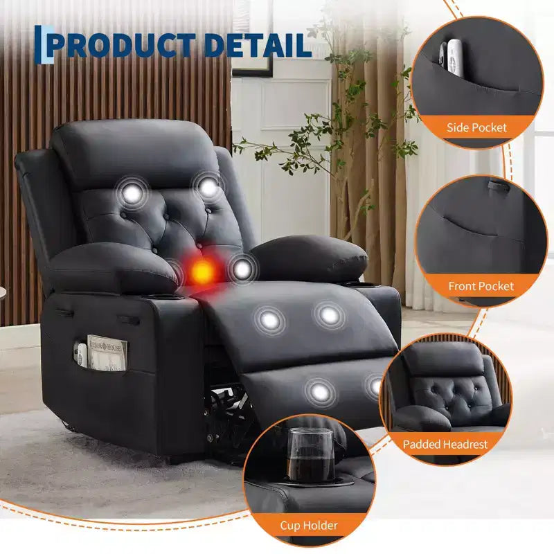 Poltrona Reclinabile Elettrica Extra Large da 42" con Massaggio, Riscaldamento, Doppi Portabicchieri e Tasche Laterali, in Pelle PU