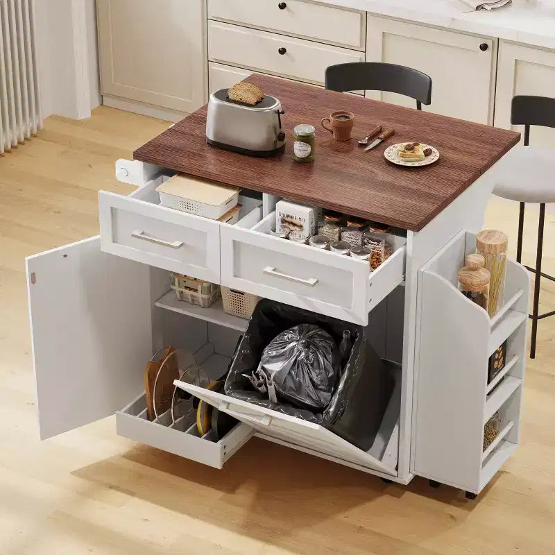Isola da Cucina 47" Stile Rustico con Anta a Ribalta, Griglia Laterale Rimovibile, Ruote e Cesto Rifiuti a Scomparsa