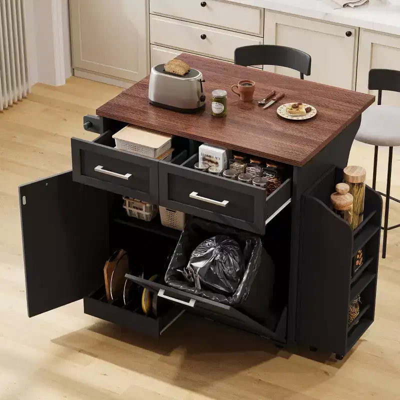 Isola da Cucina 47" Stile Rustico con Anta a Ribalta, Griglia Laterale Rimovibile, Ruote e Cesto Rifiuti a Scomparsa