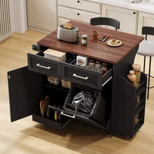Isola da Cucina 47" Stile Rustico con Anta a Ribalta, Griglia Laterale Rimovibile, Ruote e Cesto Rifiuti a Scomparsa