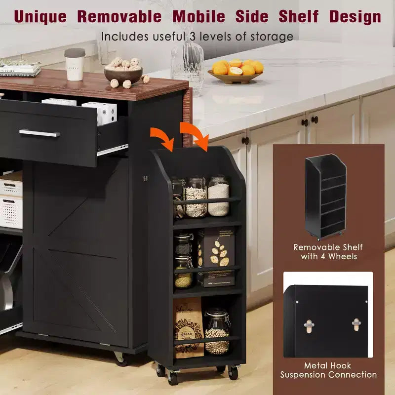 47" Farmhouse Kitchen Island with Drop Leaf, Removable Side Rack, Wheels & Concealed Trash Cabinet
