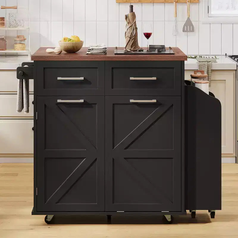 GDFStudio Alma 47.2 Kitchen Storage Island with Removable Side Racks, Drop Leaf, Wheels and Concealed Trash Cabinet