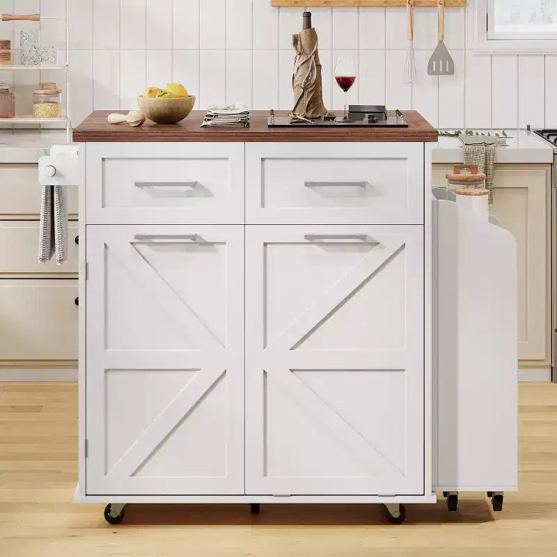 47" Farmhouse Kitchen Island with Drop Leaf, Removable Side Rack, Wheels & Concealed Trash Cabinet