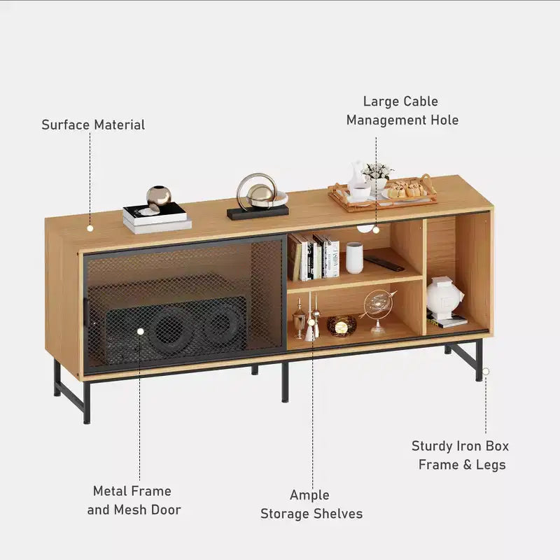 Mobile TV moderno per televisori fino a 65 pollici, mobiletto porta TV in legno da 160 cm con anta scorrevole in rete metallica, tavolino consolle per soggiorno e camera da letto