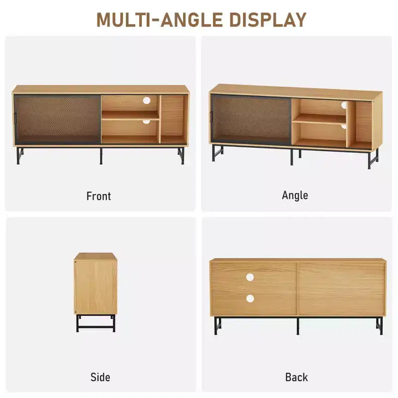 Mobile TV moderno per televisori fino a 65 pollici, mobiletto porta TV in legno da 160 cm con anta scorrevole in rete metallica, tavolino consolle per soggiorno e camera da letto