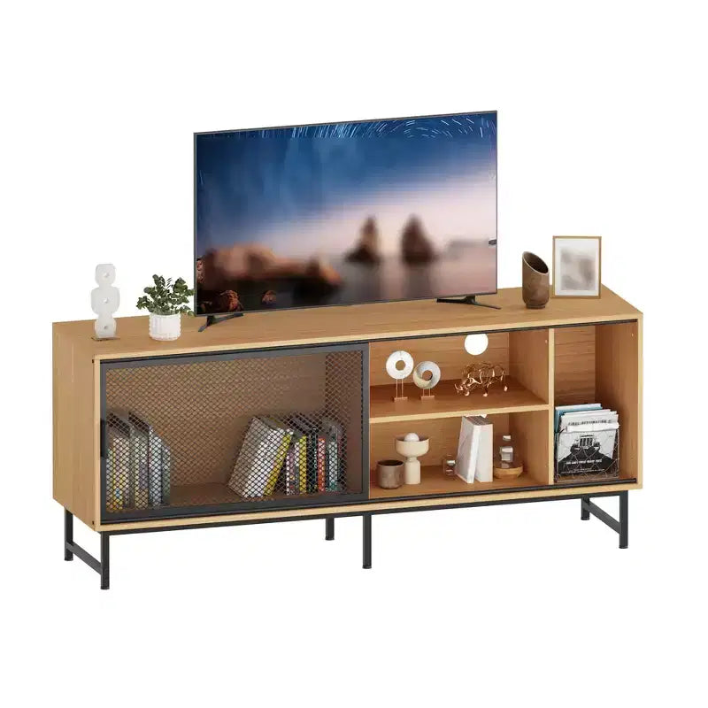 Mobile TV moderno per televisori fino a 65 pollici, mobiletto porta TV in legno da 160 cm con anta scorrevole in rete metallica, tavolino consolle per soggiorno e camera da letto