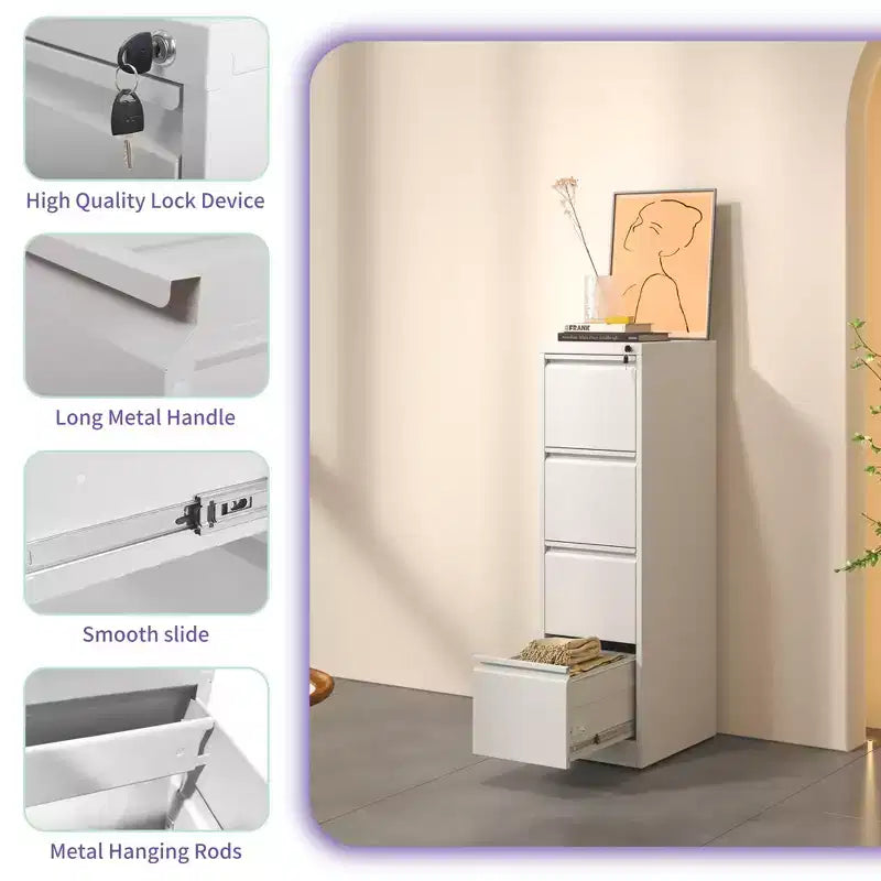 Armadio schedario verticale in acciaio bianco da 52" con serratura, 4 cassetti ad estrazione completa, adatto per A4/Legal/Letter