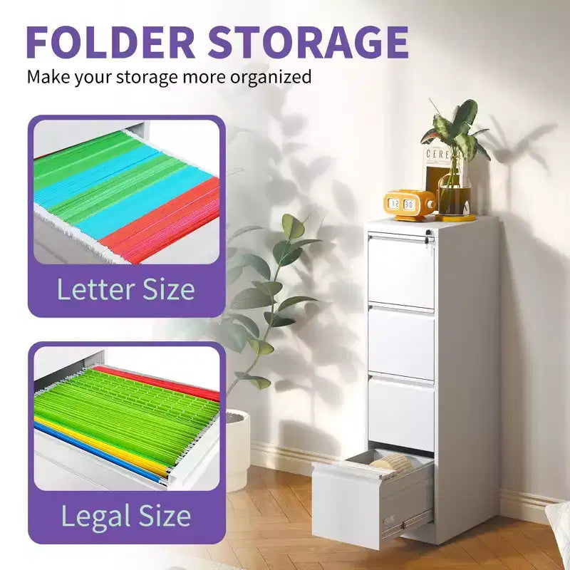 Armadio schedario verticale in acciaio bianco da 52" con serratura, 4 cassetti ad estrazione completa, adatto per A4/Legal/Letter