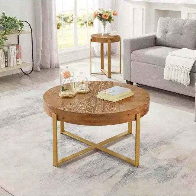 EHMKNP 32.28 Rustic Vintage Round Wood Coffee Table with Gold Metal Legs