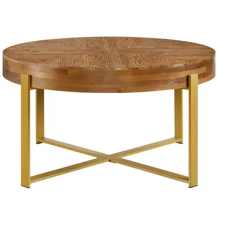 Tavolino da caffè rotondo rustico vintage da 32" in legno con gambe a croce in metallo dorato