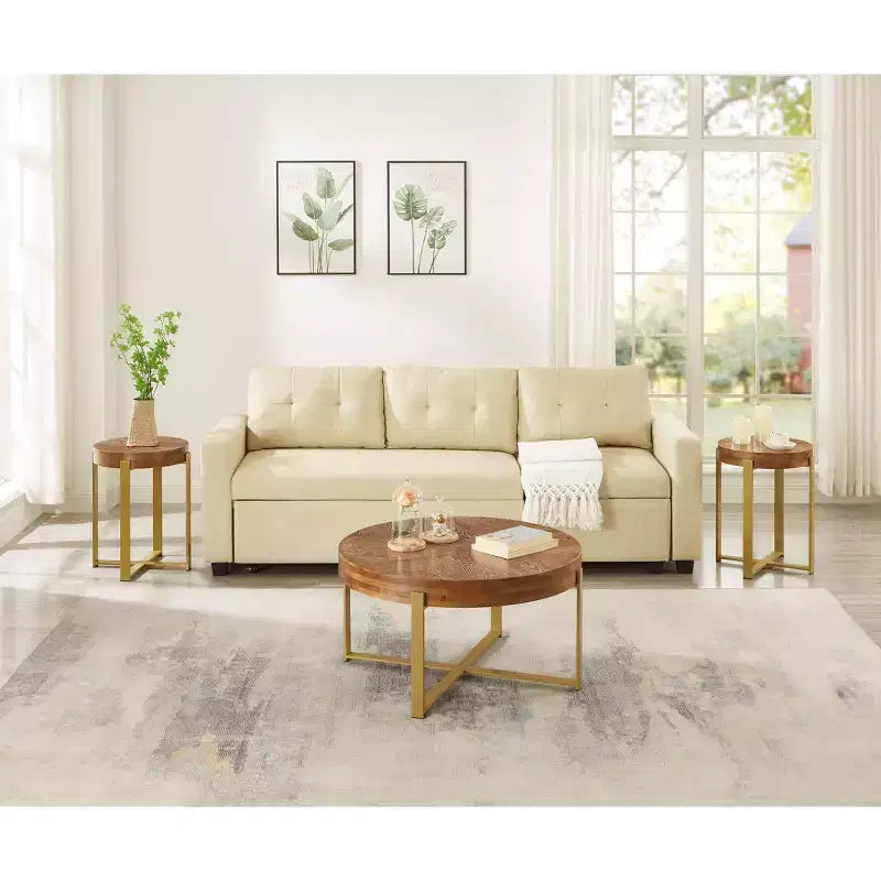 Tavolino da caffè rotondo rustico vintage da 32" in legno con gambe a croce in metallo dorato