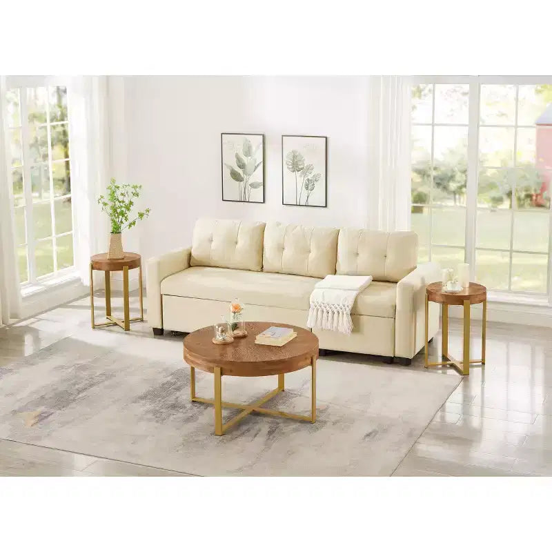 Tavolino da caffè rotondo rustico vintage da 32" in legno con gambe a croce in metallo dorato