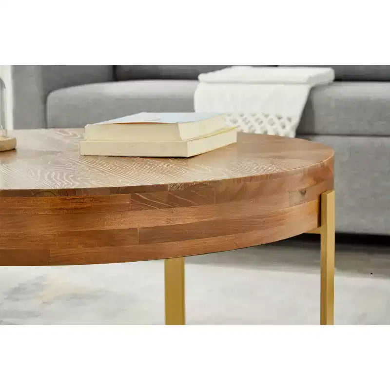 Tavolino da caffè rotondo rustico vintage da 32" in legno con gambe a croce in metallo dorato