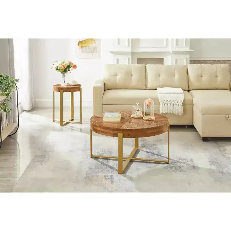 Tavolino da caffè rotondo rustico vintage da 32" in legno con gambe a croce in metallo dorato