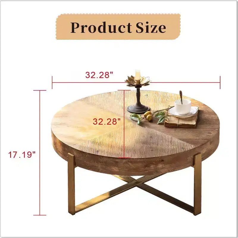 Tavolino da caffè rotondo rustico vintage da 32" in legno con gambe a croce in metallo dorato