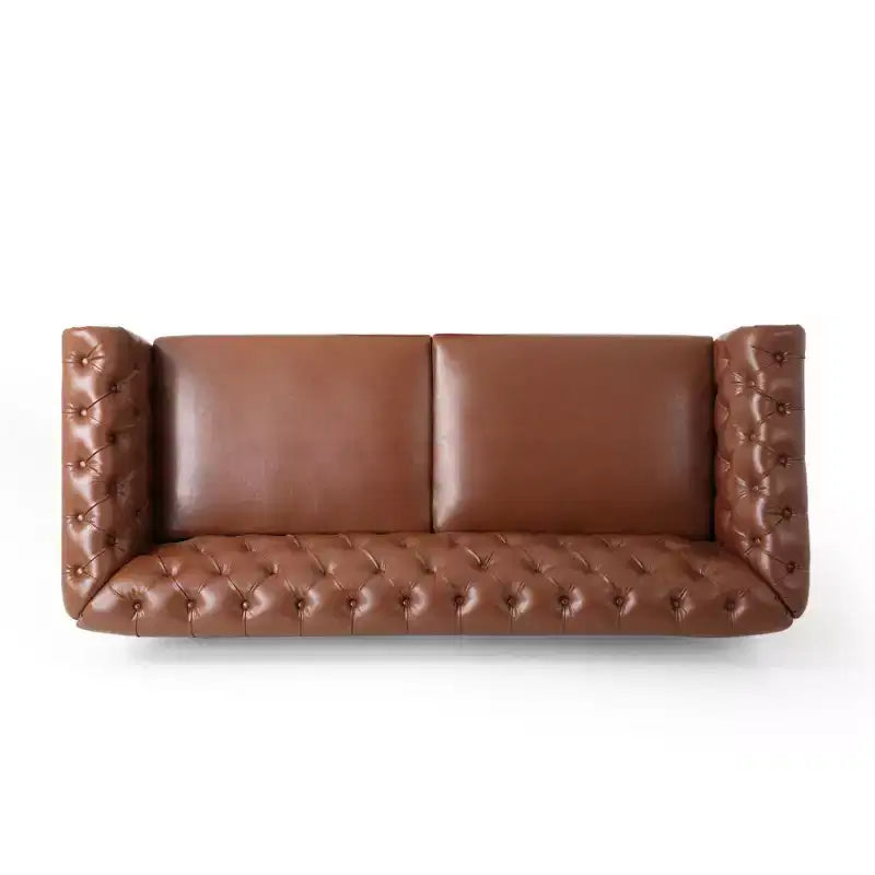 Divano Chesterfield Classico a 3 Posti con Schienale Trapuntato, Rivetti Decorativi, Ecopelle e Gambe in Betulla