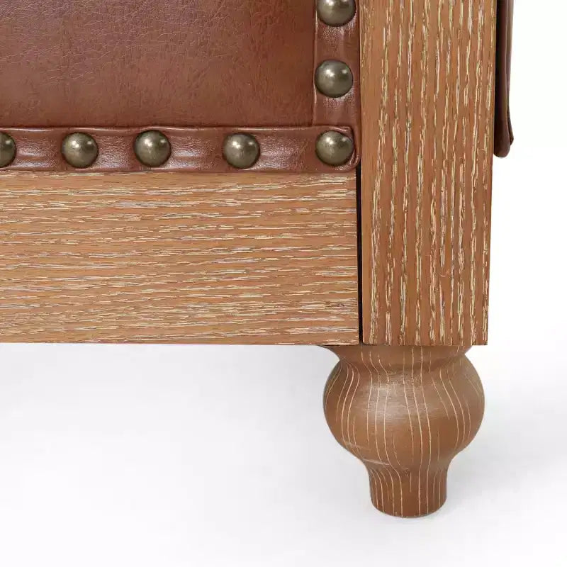 Divano Chesterfield Classico a 3 Posti con Schienale Trapuntato, Rivetti Decorativi, Ecopelle e Gambe in Betulla