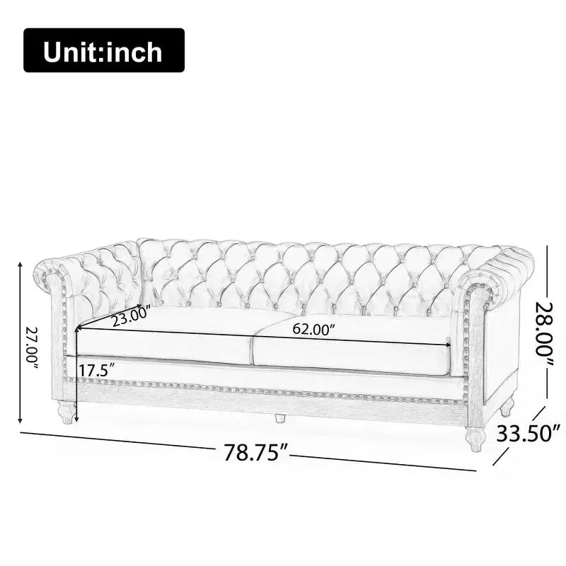 Divano Chesterfield Classico a 3 Posti con Schienale Trapuntato, Rivetti Decorativi, Ecopelle e Gambe in Betulla