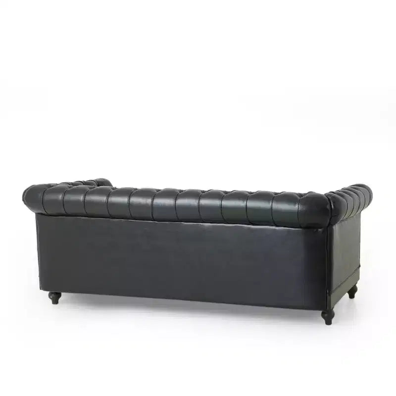Divano Chesterfield Classico a 3 Posti con Schienale Trapuntato, Rivetti Decorativi, Ecopelle e Gambe in Betulla