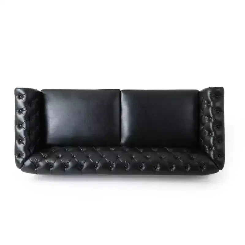 Divano Chesterfield Classico a 3 Posti con Schienale Trapuntato, Rivetti Decorativi, Ecopelle e Gambe in Betulla