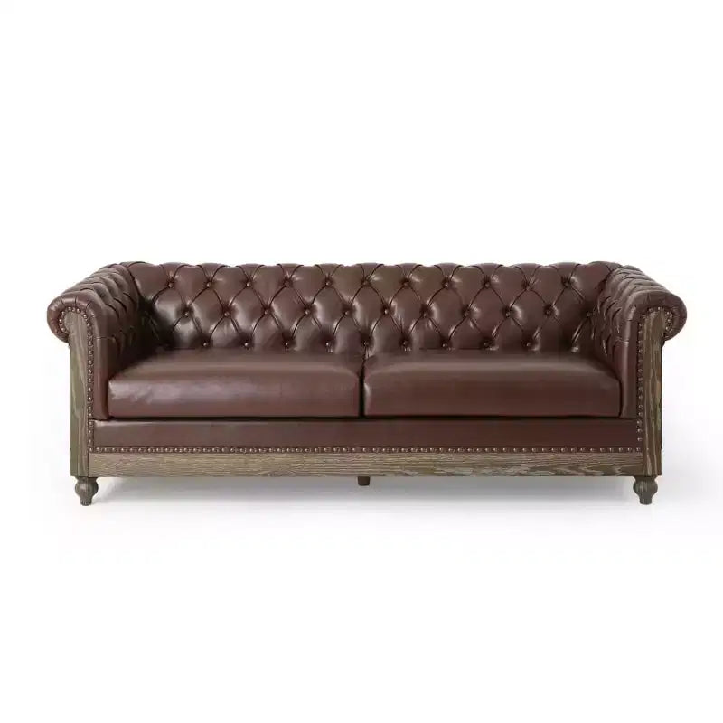 Divano Chesterfield Classico a 3 Posti con Schienale Trapuntato, Rivetti Decorativi, Ecopelle e Gambe in Betulla