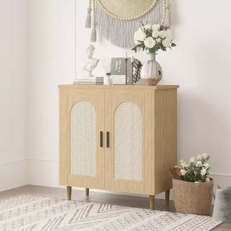 Mobile Credenza Cucina con Rattan, Gambe in Legno Massello per Soggiorno, Corridoio, Ingresso, Mobile Contenitore con Ampio Spazio
