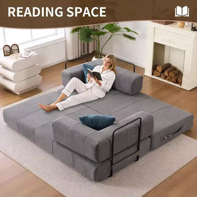 Divano letto convertibile 4-in-1, Divano letto a pavimento in velluto a coste con 2 cuscini e braccioli in metallo, Letto per gli ospiti in schiuma ad alta densità, Grigio