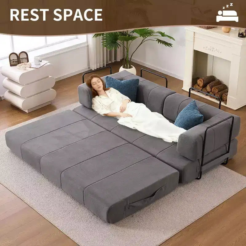 Divano letto convertibile 4-in-1, Divano letto a pavimento in velluto a coste con 2 cuscini e braccioli in metallo, Letto per gli ospiti in schiuma ad alta densità, Grigio