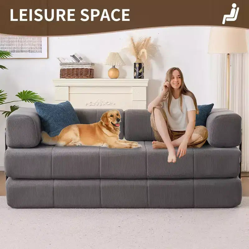 Divano letto convertibile 4-in-1, Divano letto a pavimento in velluto a coste con 2 cuscini e braccioli in metallo, Letto per gli ospiti in schiuma ad alta densità, Grigio