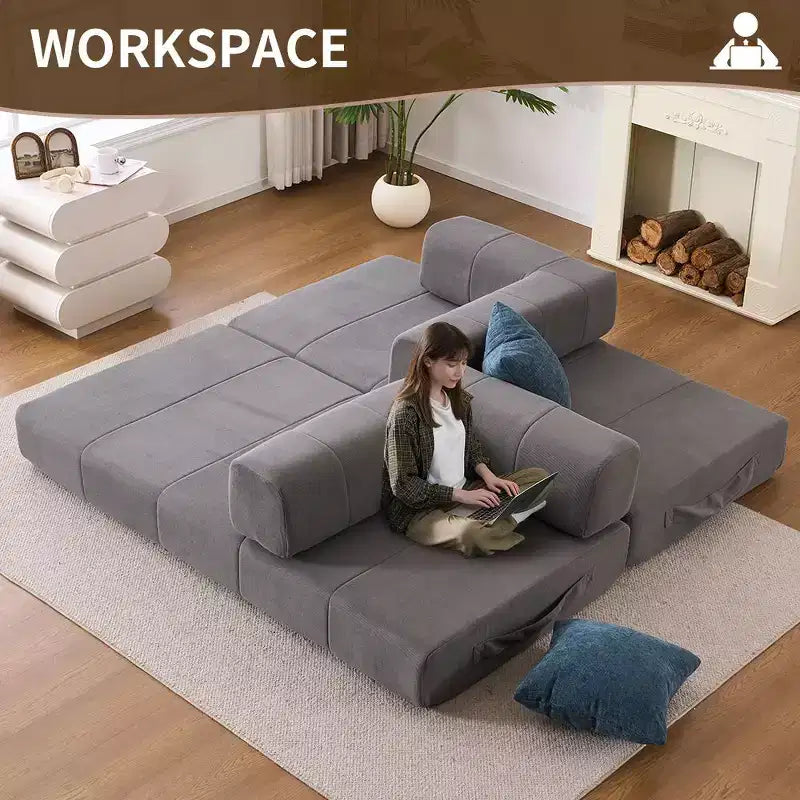 Divano letto convertibile 4-in-1, Divano letto a pavimento in velluto a coste con 2 cuscini e braccioli in metallo, Letto per gli ospiti in schiuma ad alta densità, Grigio