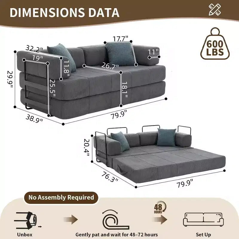 Divano letto convertibile 4-in-1, Divano letto a pavimento in velluto a coste con 2 cuscini e braccioli in metallo, Letto per gli ospiti in schiuma ad alta densità, Grigio