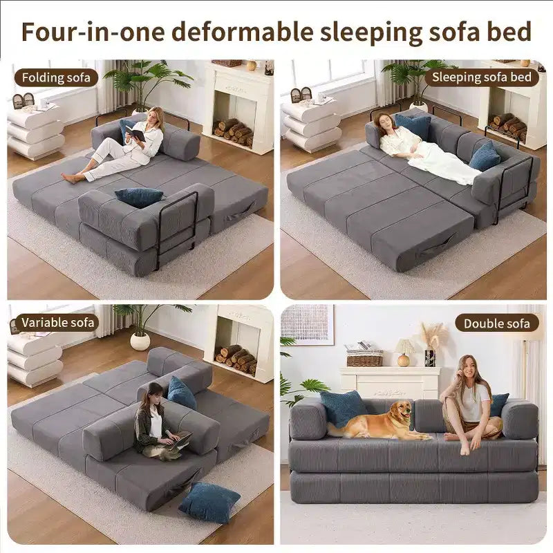 Divano letto convertibile 4-in-1, Divano letto a pavimento in velluto a coste con 2 cuscini e braccioli in metallo, Letto per gli ospiti in schiuma ad alta densità, Grigio