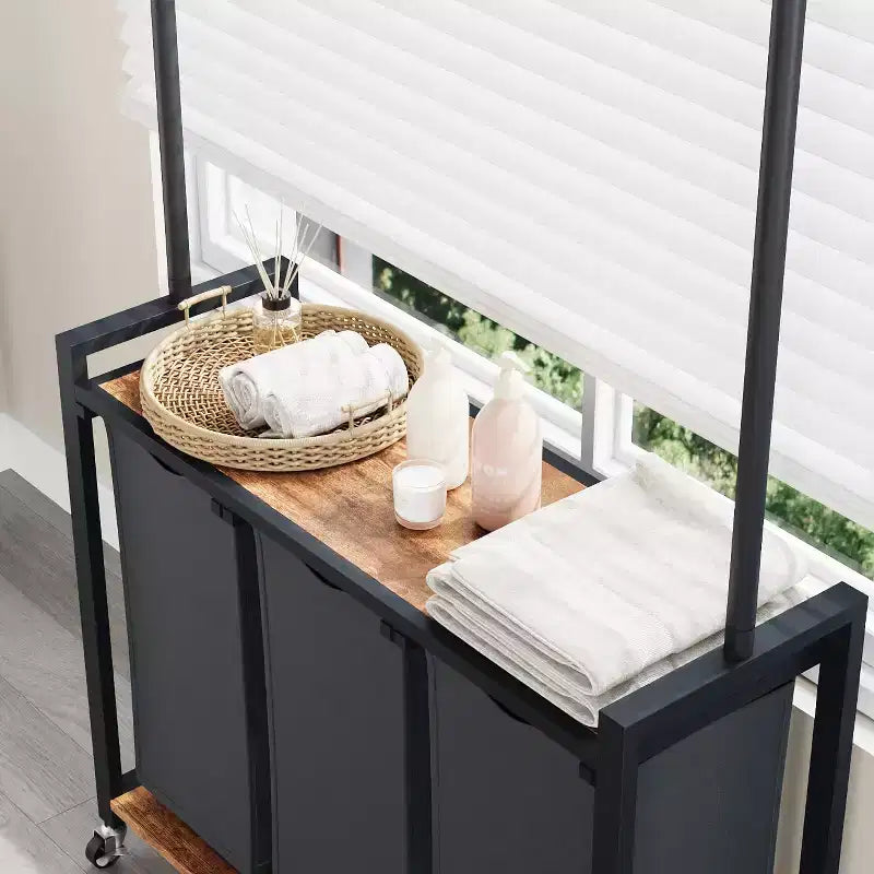 Laundry Sorter 2/3/4 Section,Rolling Laundry Sorter Hamper with Hanging Rack & Shelf, Laundry Basket Organizer with Lockable Wheels,for Home