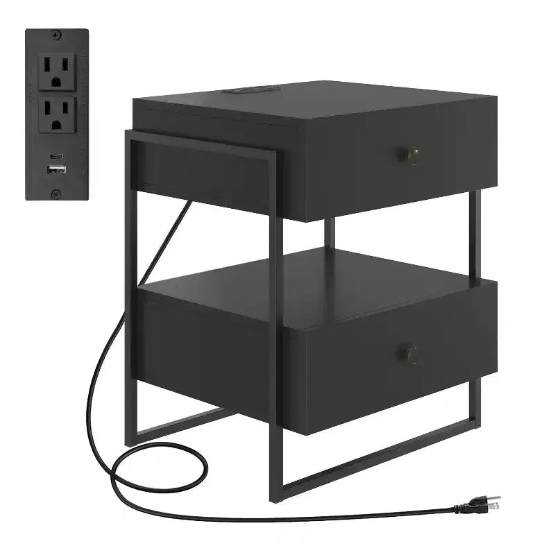Comodino moderno con stazione di ricarica integrata, porte USB, 2 cassetti e ripiano aperto, nero