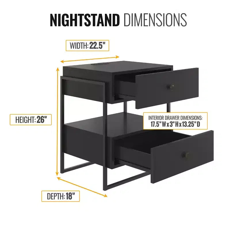 Comodino moderno con stazione di ricarica integrata, porte USB, 2 cassetti e ripiano aperto, nero