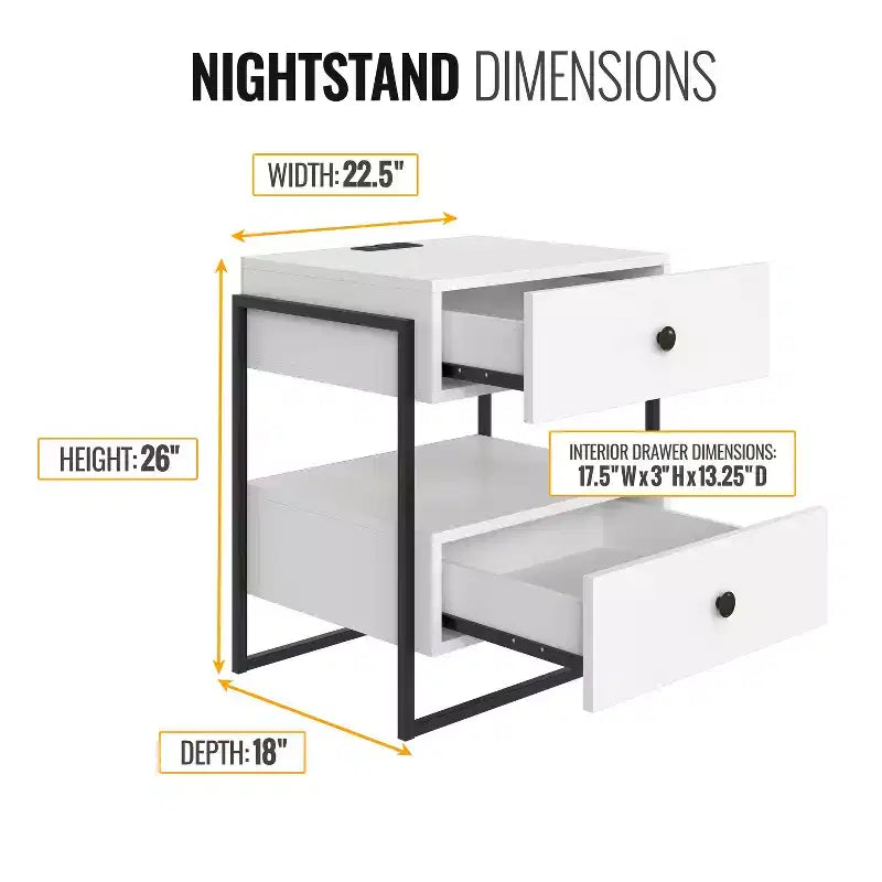 Comodino moderno con stazione di ricarica integrata, porte USB, 2 cassetti e ripiano aperto, nero