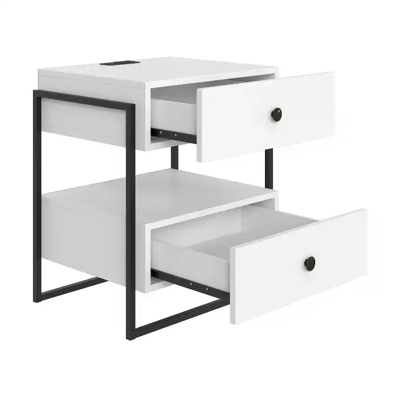 Comodino moderno con stazione di ricarica integrata, porte USB, 2 cassetti e ripiano aperto, nero