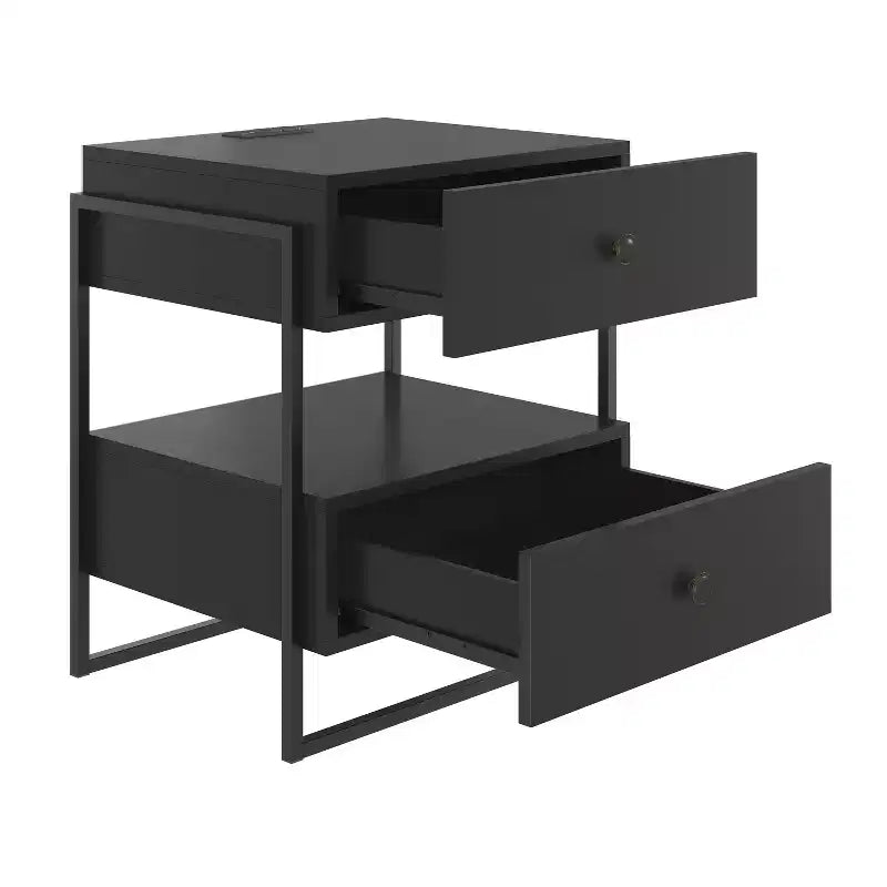 Comodino moderno con stazione di ricarica integrata, porte USB, 2 cassetti e ripiano aperto, nero