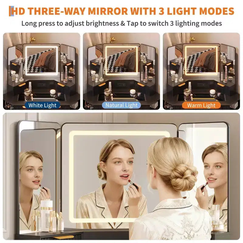 Tocador de maquillaje scanalato da 48 pollici, Grande angolo vanità illuminato con specchio triplo HD e luci, Tavolo da trucco