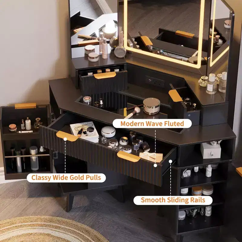 Tocador de maquillaje scanalato da 48 pollici, Grande angolo vanità illuminato con specchio triplo HD e luci, Tavolo da trucco