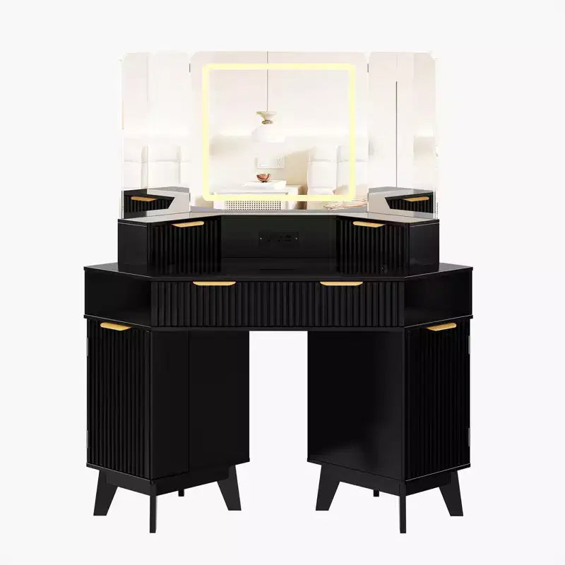 Tocador de maquillaje scanalato da 48 pollici, Grande angolo vanità illuminato con specchio triplo HD e luci, Tavolo da trucco
